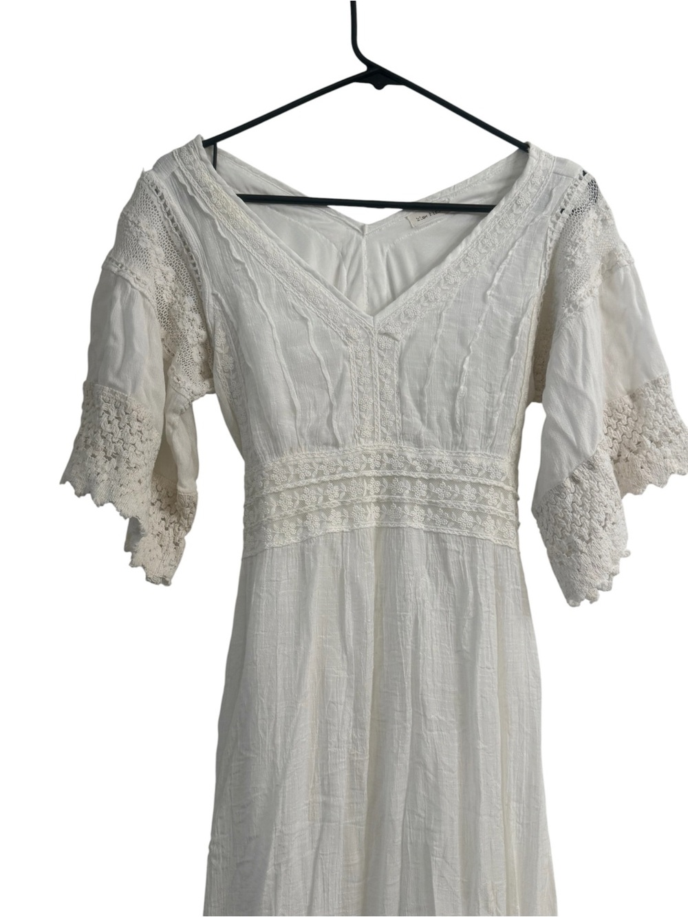 Blue Bird Ivory Cottagecore Maxi Dress Large Boho Lace Tie Back Prairie 54” Long - Picture 2 of 8